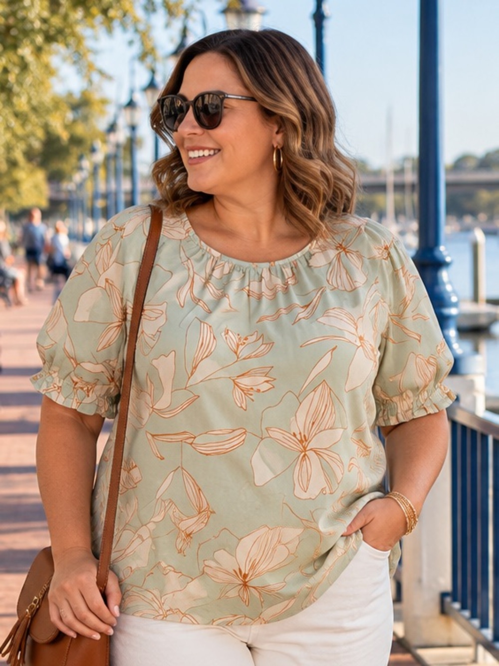 Ava & Viv Sage Green Botanical Floral Puff Sleeve Cotton Blouse 2X NWT